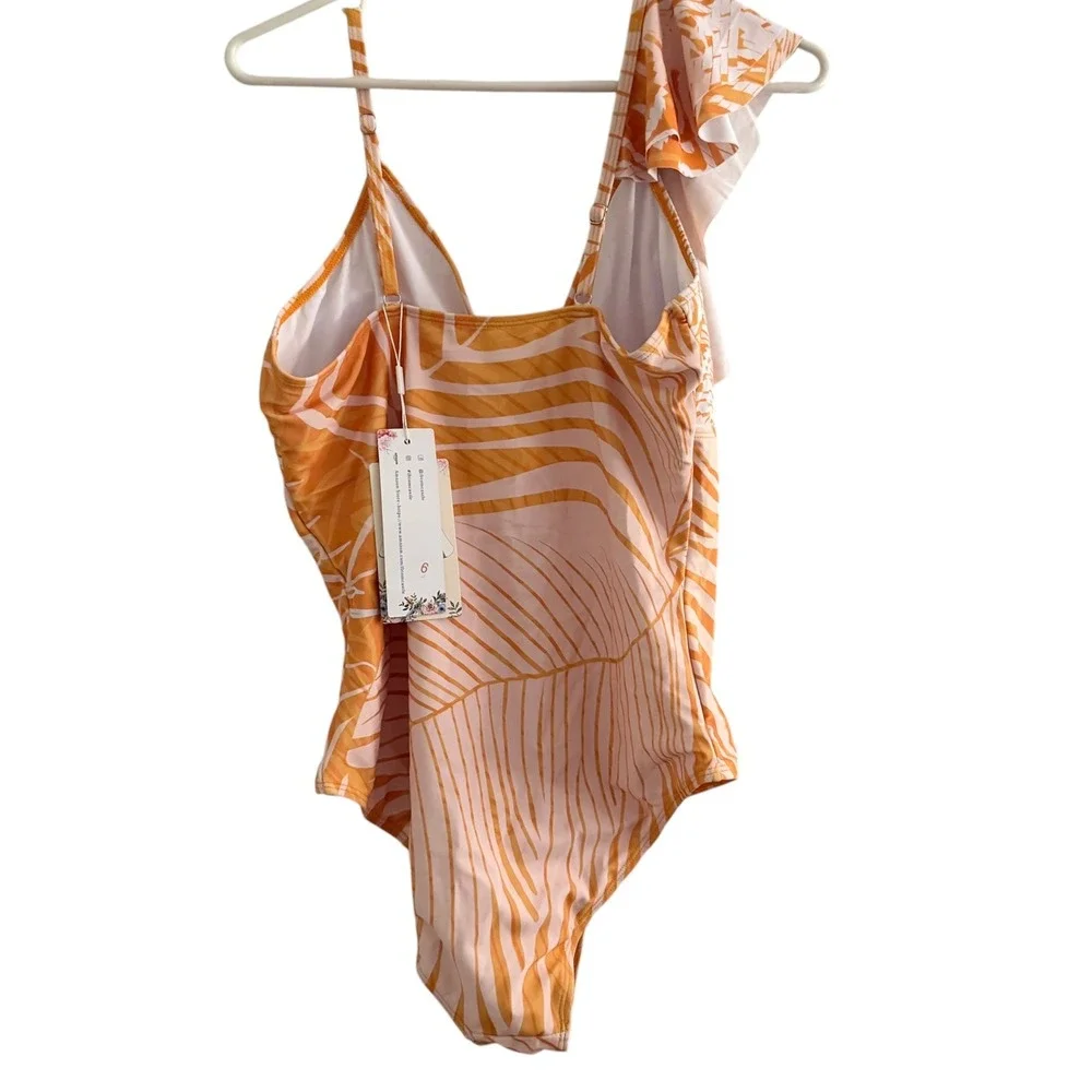 Florentine Swimsuit Set Womens L Orange New Palm Leaf Ruffle One Piece Sarong